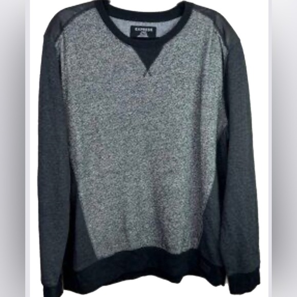 Express Men’s Medium Sweatshirt Crewneck Gray and Black Faux Leather Shoulders - Picture 2 of 9